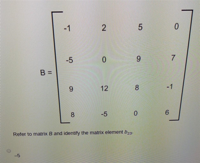 Refer to matrix B and identify the matrix element b23 A. -5 B. 0 C. 9 D. 8​-example-1