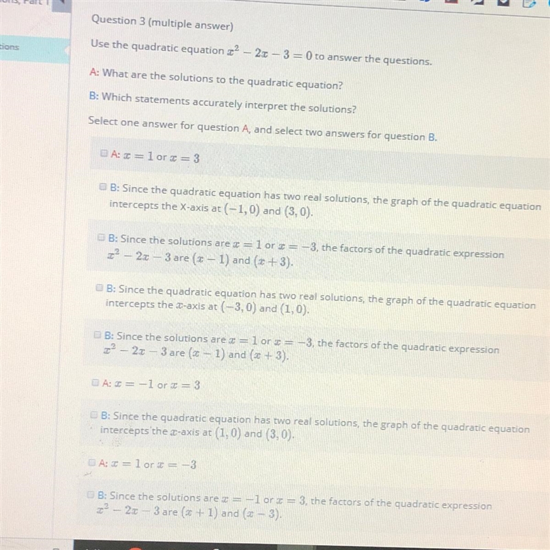 A: What are the solutions to the quadratic equation? B: which statements accurately-example-1