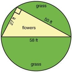 A triangular flowerbed is being planted inside a circular area of grass. What is the-example-1