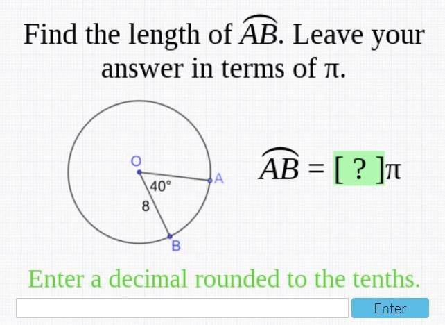 (50 Points) Find the length of AB. Leave your answer in terms of pi. Enter a decimal-example-1