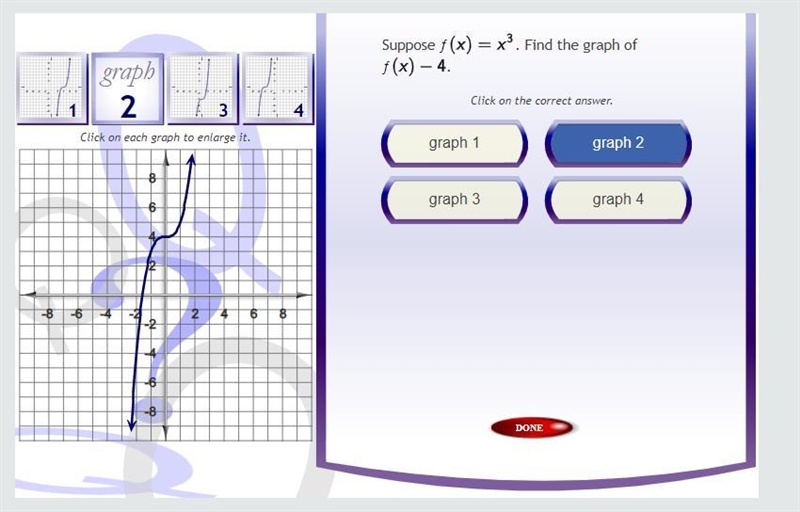 Suppose f (x) = x^3 . Find the graph of f (x - 4)-example-3