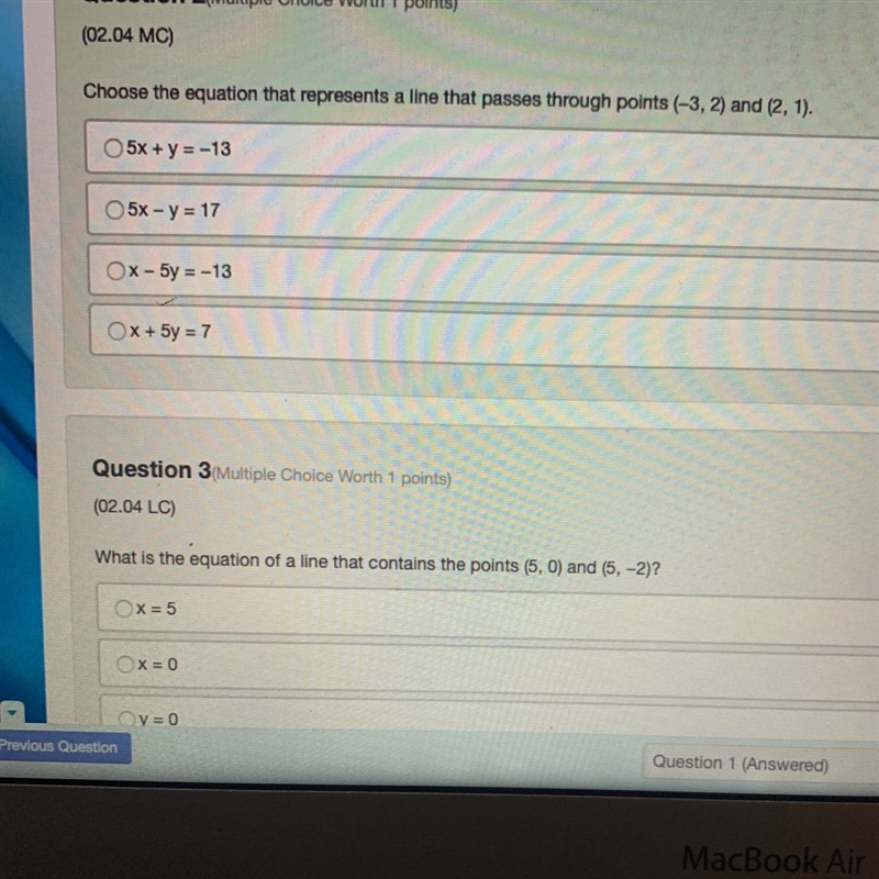 Choose the equation that represents a line that passes through points (-3, 2) and-example-1