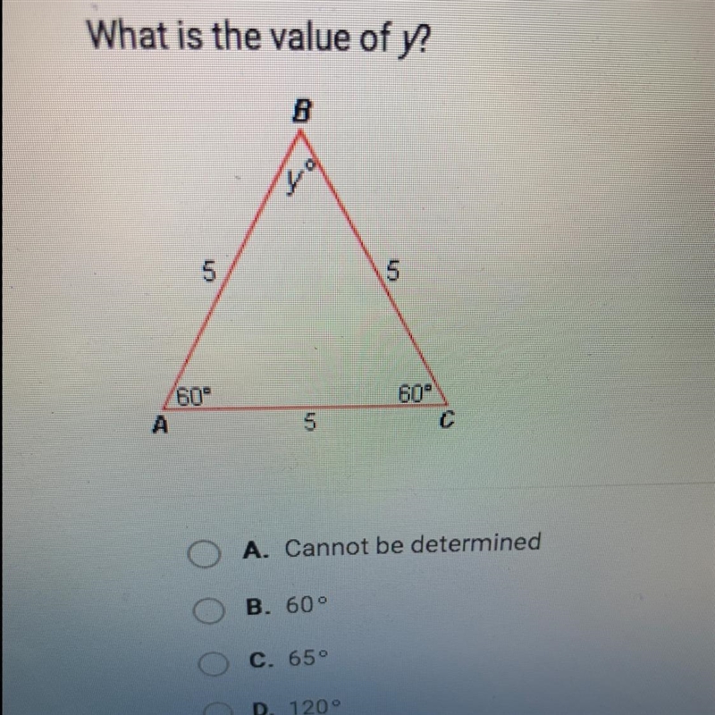 What is the value of y? A.cannot be determined B.60° C.65° D.120°-example-1