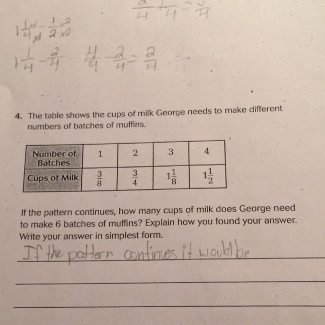 If the pattern continues how many cups of milk does George need to make 6 batches-example-1