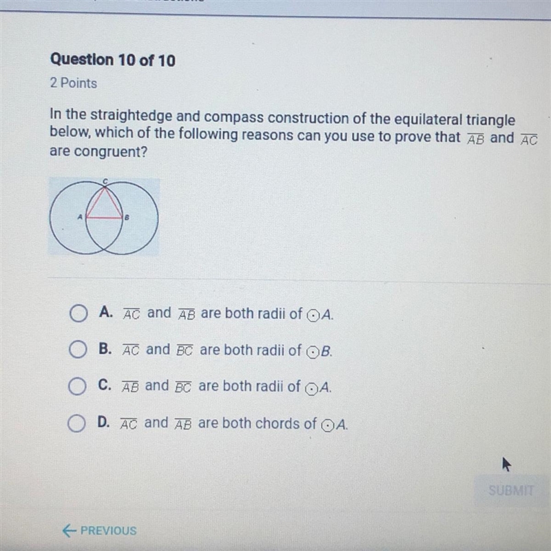 Prove ab and ac are congruent-example-1