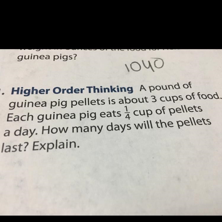 A pound of guinea pig pellets is about 3 cups of food.Each guinea pig eats 1/4 cup-example-1