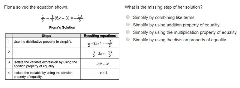 Fiona solved the equation shown. – StartFraction 1 Over 2 EndFraction minus StartFraction-example-1