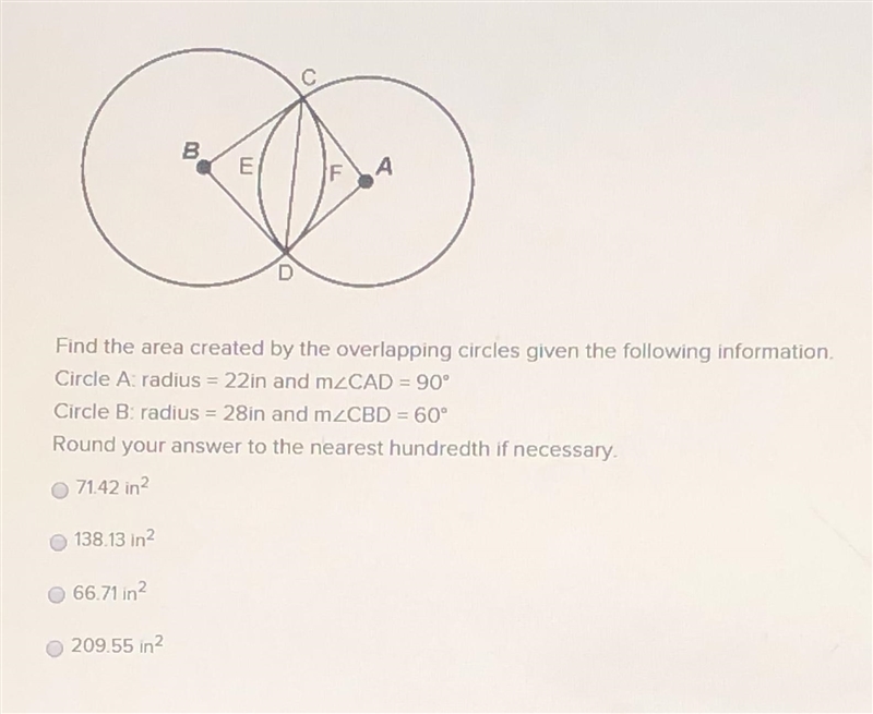 Urgent! Find the area created by the overlapping circles given the following information-example-1