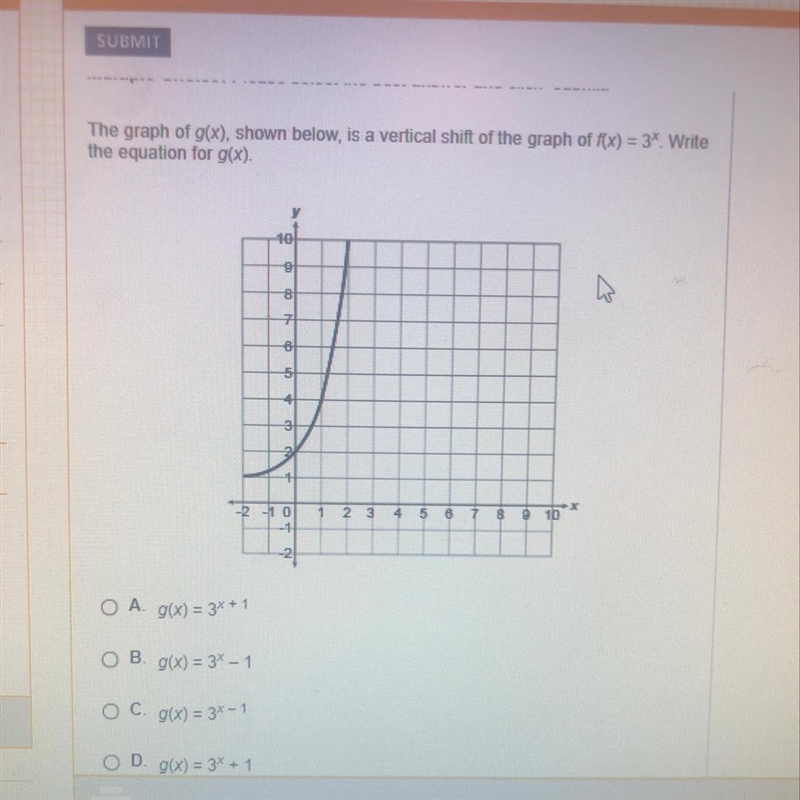 The graph of g(x), shown below,is a vertical shift of the graph f(x)=3^x write the-example-1