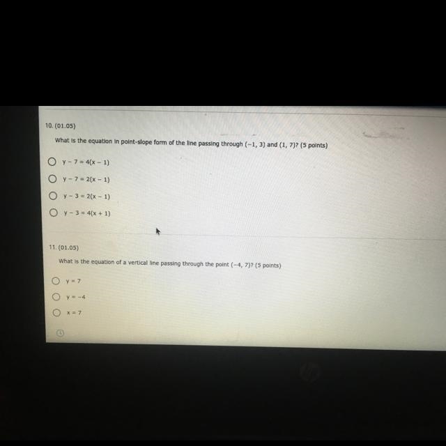 10. (01.05) What is the equation in point-slope form of the line passing through (-1, 3) and-example-1