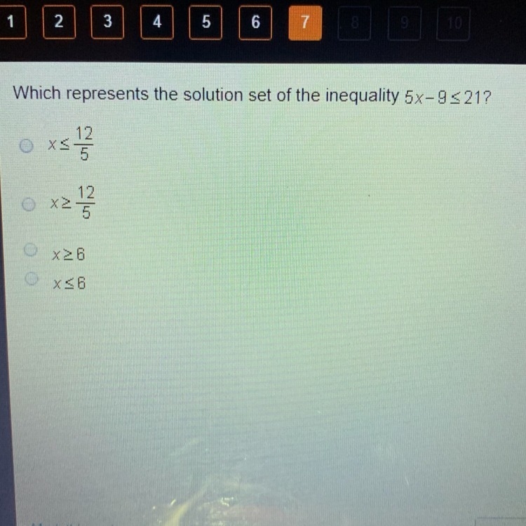 Which represents the solution set of the inequality 5x-9 less than or equal to 21-example-1