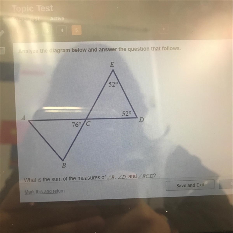 What is the sum of the measures of angle E, angle D, and angle ECD? A.76 B.104 C.128 D-example-1