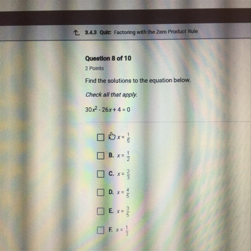 Find the solutions to the equation below check all that apply 30x^2-26x+4=0-example-1