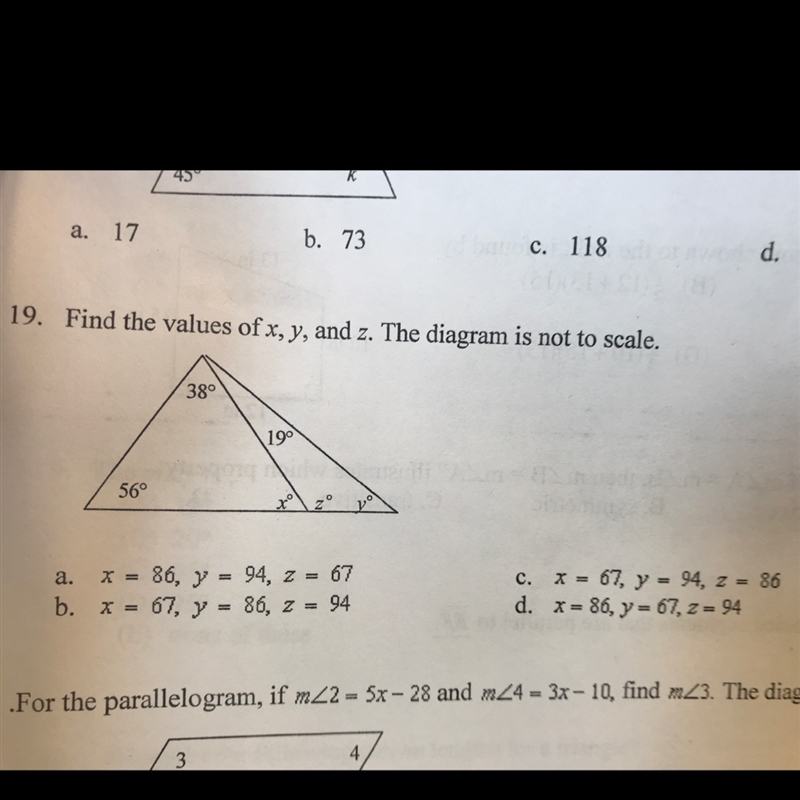 Find the values of x,y and z the diagram is not scale-example-1