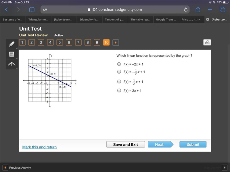 Which linear function is represented by the graph? f(x) = –2x + 1 f(x) = –f(x) equals-example-1