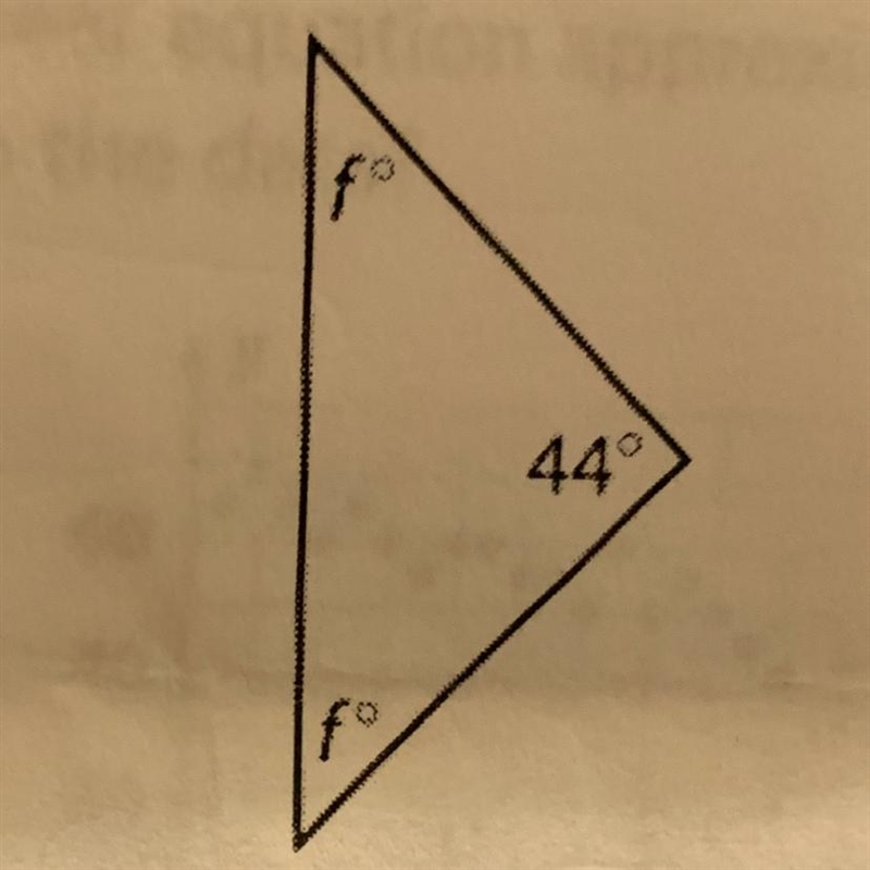 Find the angle measures in the isosceles triangle. Possible answers: A) f = 18° B-example-1