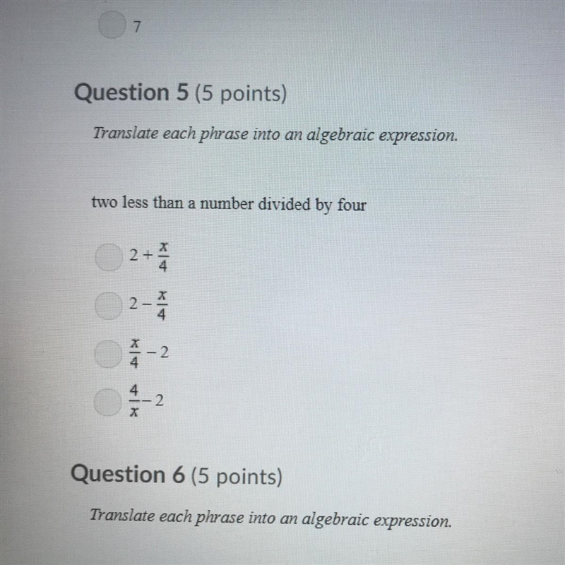 Two less than a number divided by four-example-1