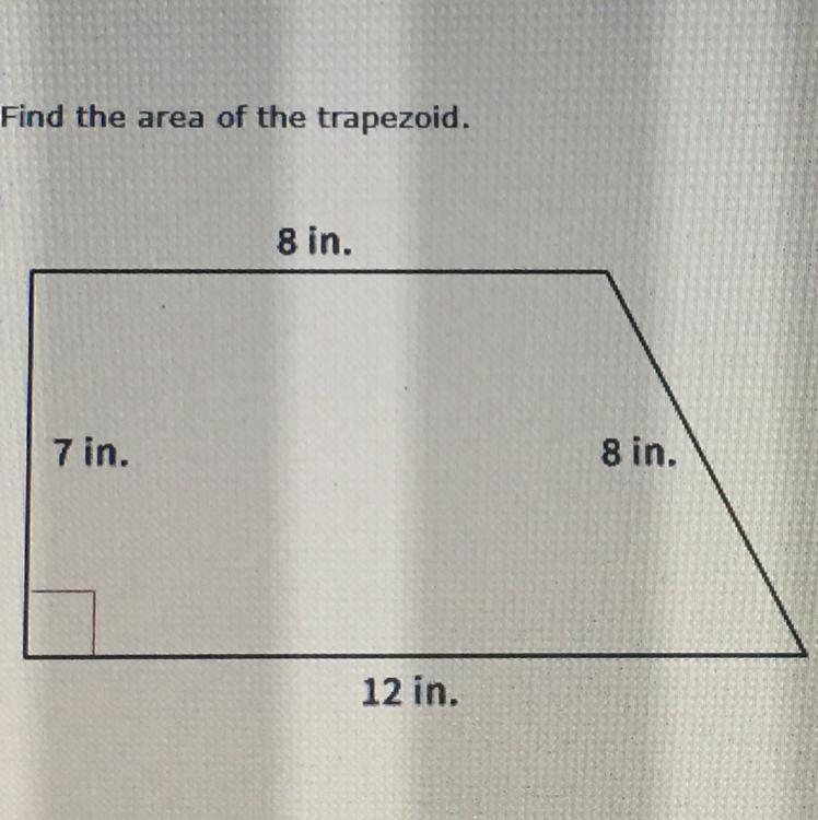 Find the area of the trapezoid !!!! A. 70 in^2 B. 77.2 in^2 C. 75 in^2 D. 80 in^2-example-1