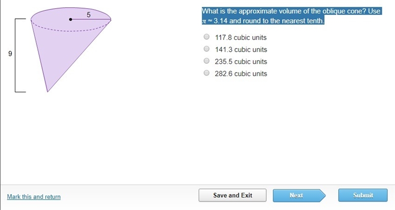 What is the approximate volume of the oblique cone? Use π ≈ 3.14 and round to the-example-1