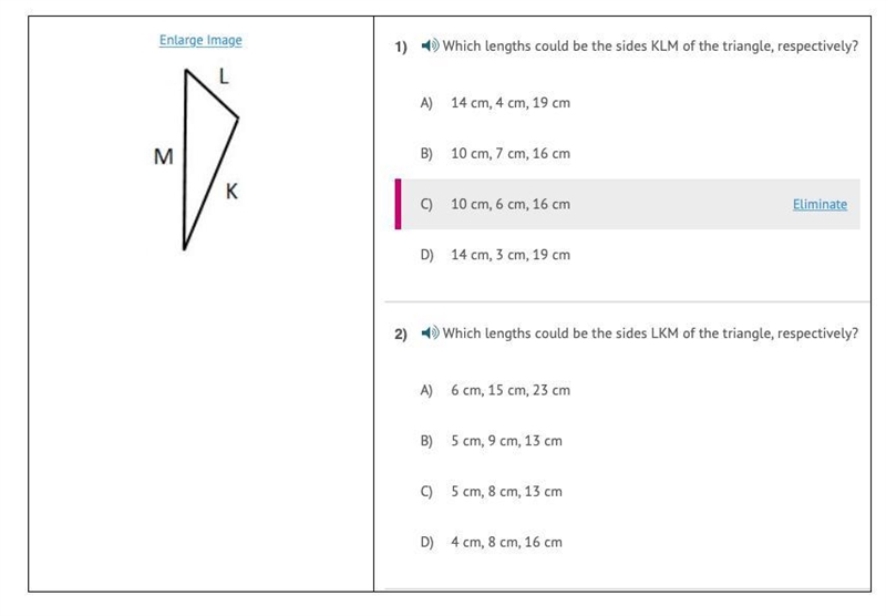 Which lengths could be the sides KLM of the triangle, respectively? A) 14 cm, 4 cm-example-1