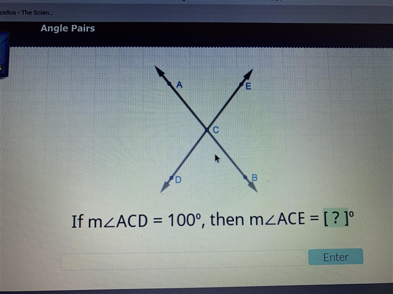 If angle ACD=100 degrees, then ACE= ?-example-1