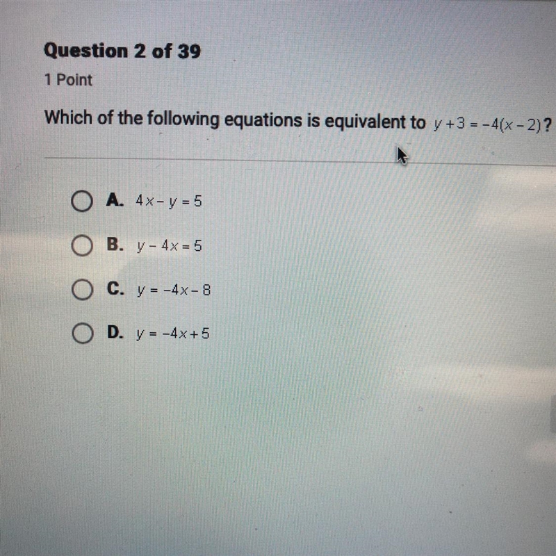 Which of the following equations is equivalent to y + 3 = -4(x - 2)?-example-1