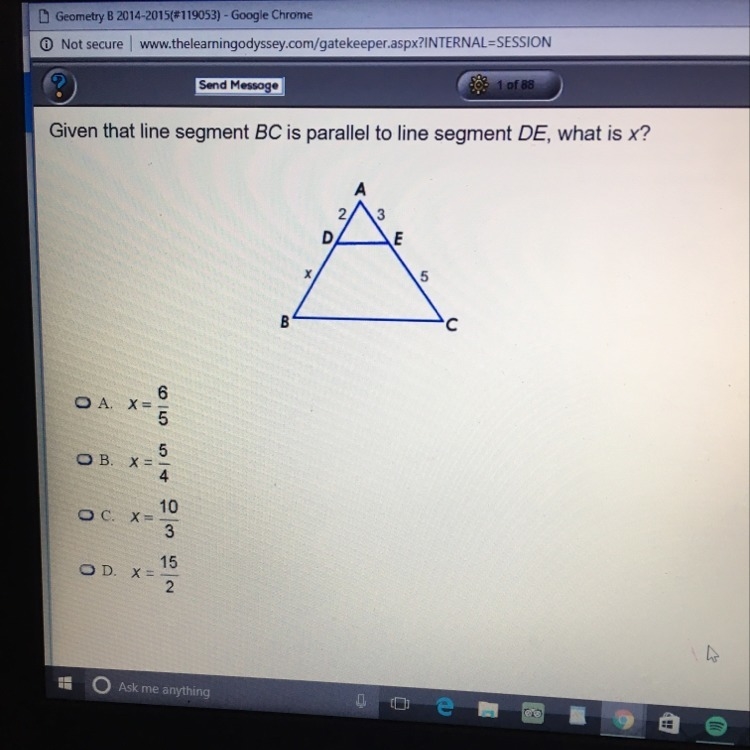 Given that line segment BC is parallel to line segment DE, what is x?-example-1