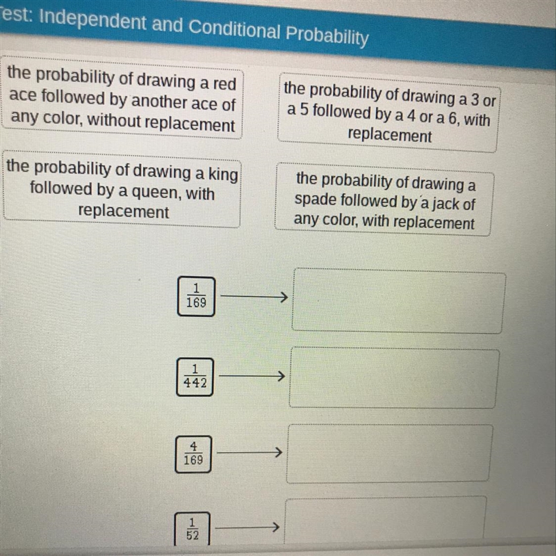 Drag the tiles to the correct boxes to complete pair. Two cards are drawn from a well-example-1