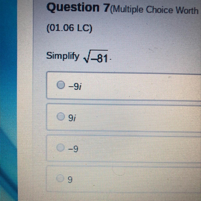 Simplify suqrt. -81 A) -9i B) 9i C) -9 D) 9-example-1