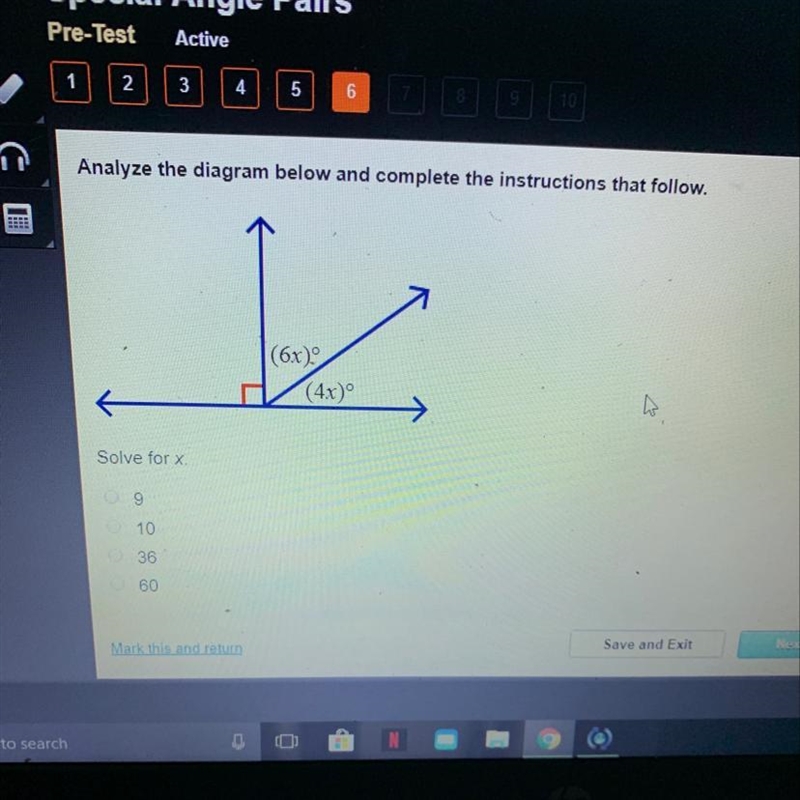 Solve for X A. 9 B. 10 C.36 D.60-example-1