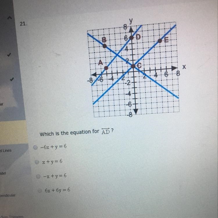 Which is the equation for AD? -6x+y=6 x+y=6 -x+y=6 6x+6y=6-example-1