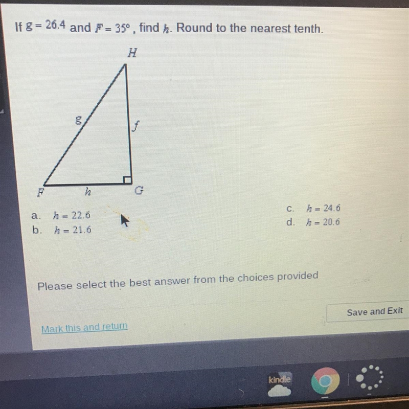 If g=26.4 and f=35 degrees, find h. round to the nearest tenth-example-1