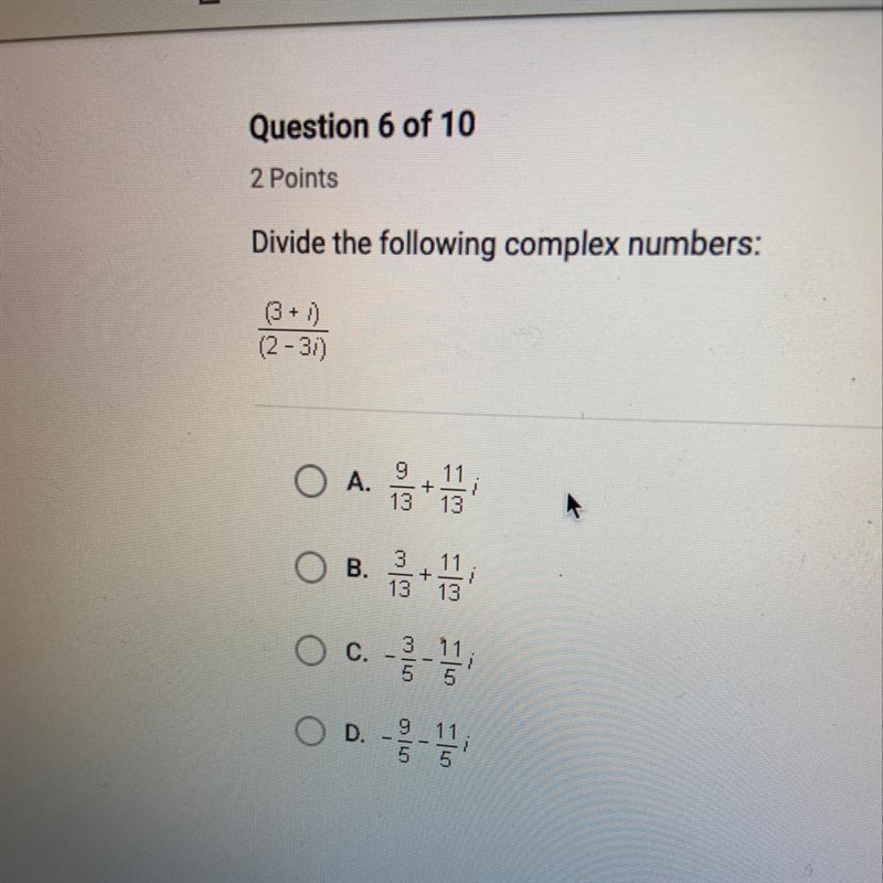 Divide the following complex numbers: (3+i)/(2-3i)-example-1