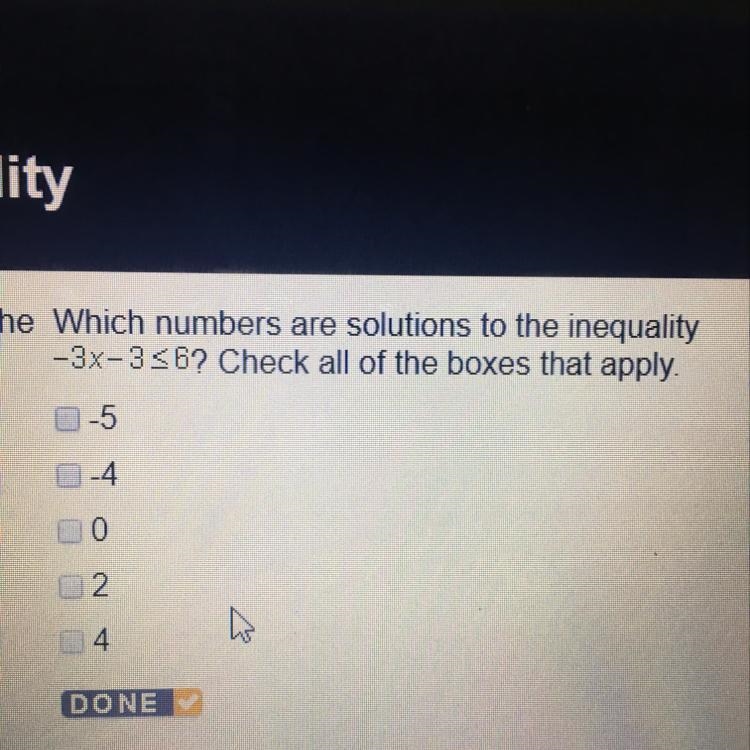 Which numbers are solutions to the inequality?-example-1