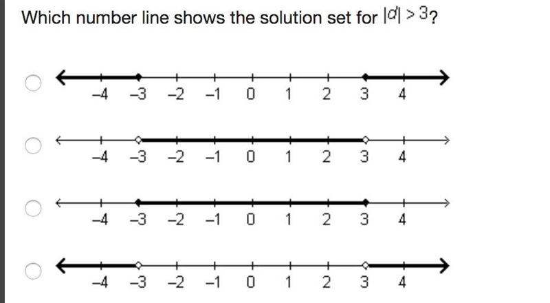 Which number line shows the solution set for |d| > 3?-example-1