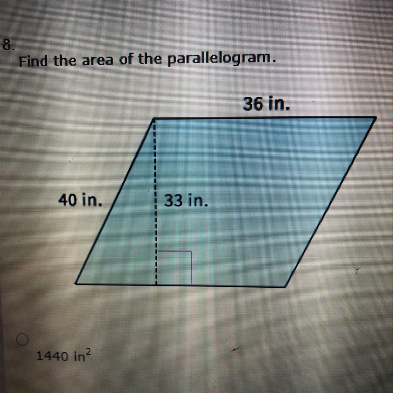 Find the area of the parallelogram. Answer options: 1440in^2, 1188in^2, 138in^2, 69in-example-1