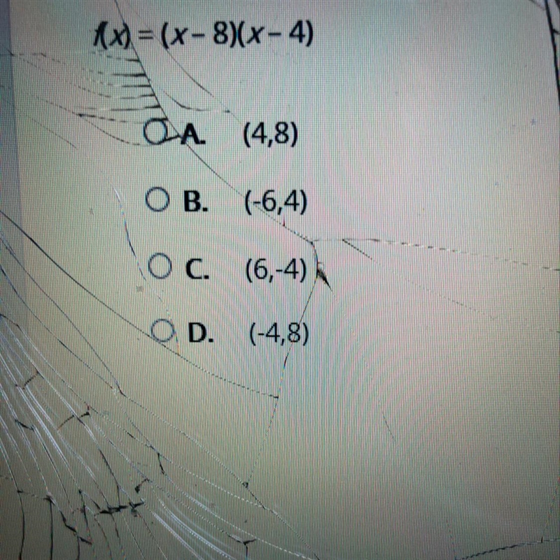 What is the vertex of the quadratic function? f(x)= (x-8)(x-4)-example-1