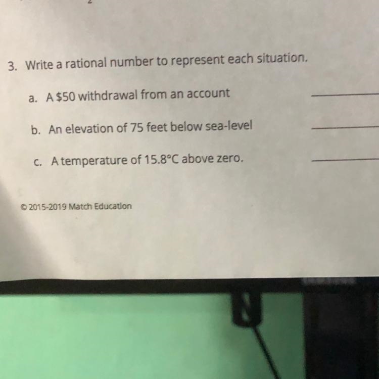 3. Write a rational number to represent each situation. a. A $50 withdrawal from an-example-1