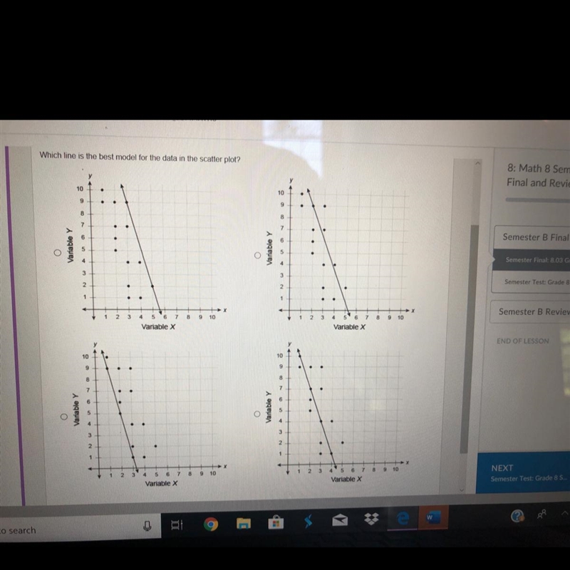 Which line is the best model for the data in the scatter plot? I need this question-example-1