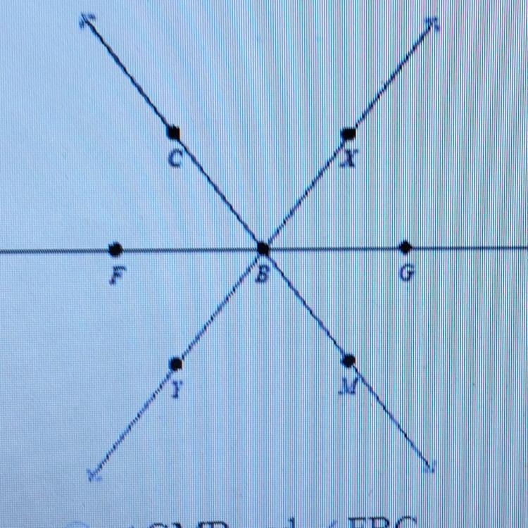 Which angles are adjacent angels? A. GMB and FBC B. CBX and FBC C. XBG and FBC D. MBY-example-1