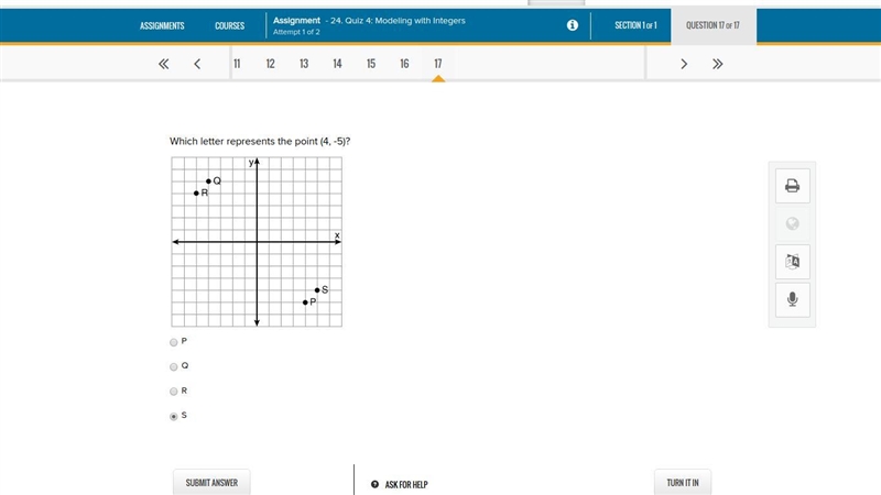 Which letter represents the point (4, -5)? P Q R S-example-1