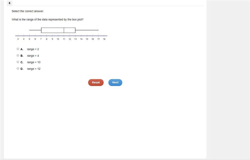 What is the range of the data represented by the box plot? A. range = 2 B. range = 4 C-example-1