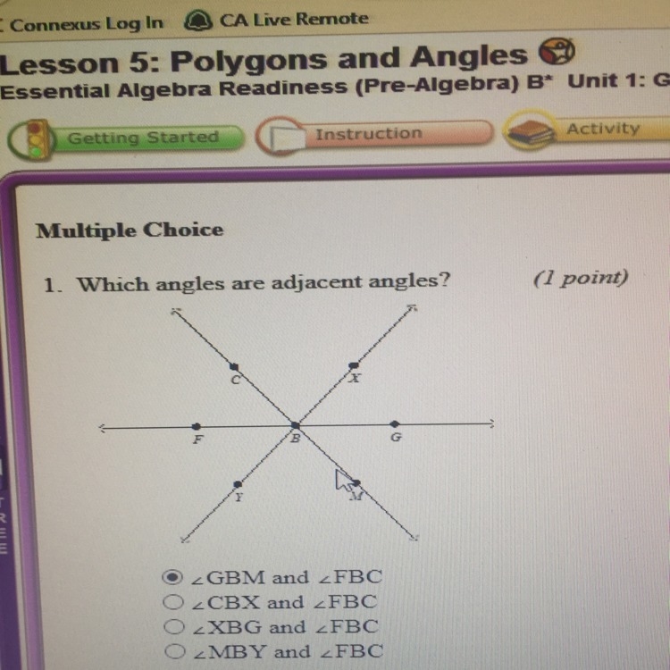 Help? Which angles are adjacent angles?-example-1