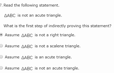 ABC is not an acute triangle what is the first step of indirectly proving this statement-example-1