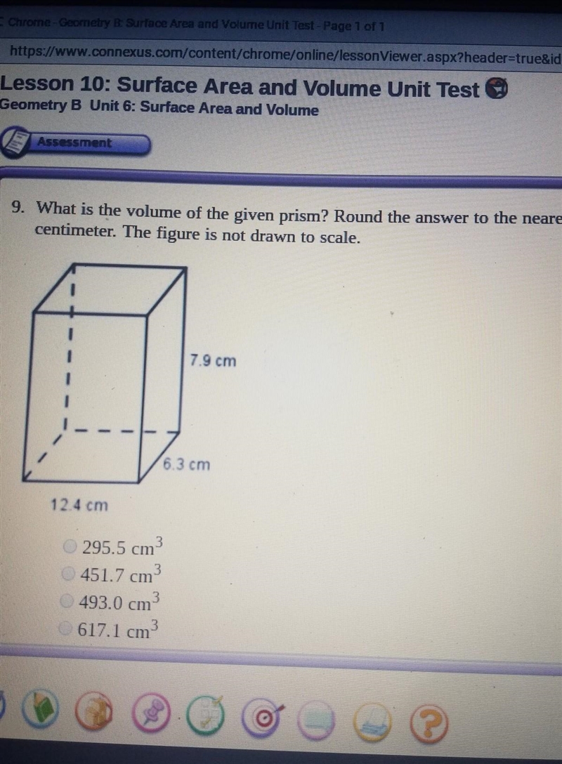 Assessment (1 point) - 9. What is the volume of the given prism? Round the answer-example-1