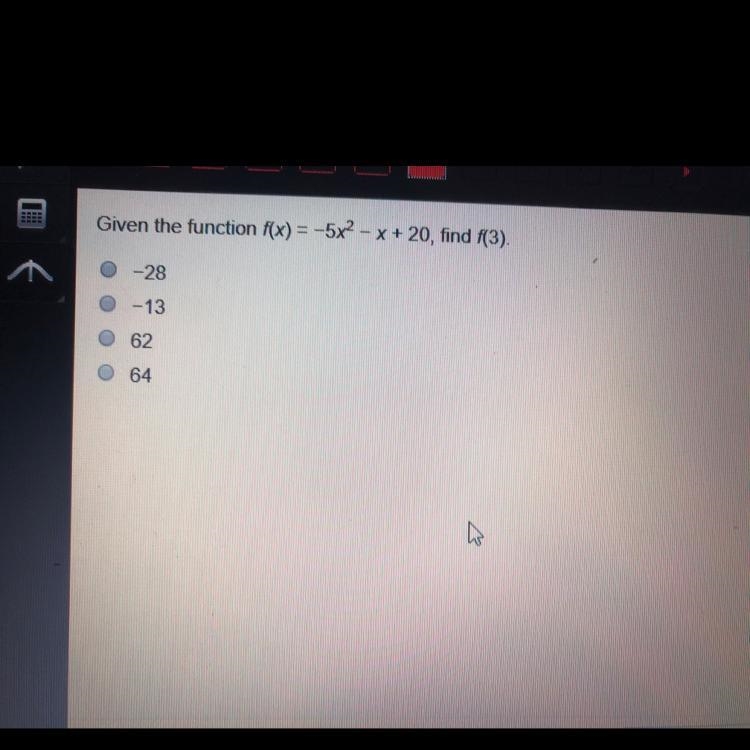 Given the function f(x)=-5x^2-x+20 find f(3)-example-1