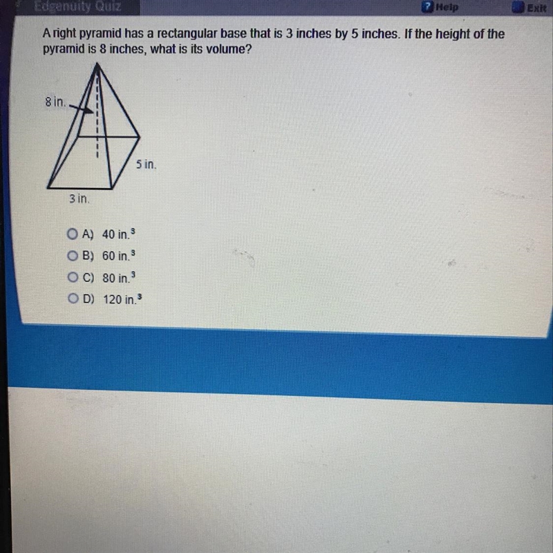 A right pyramid has a rectangular base that is 3 inches by 5 inches if the height-example-1