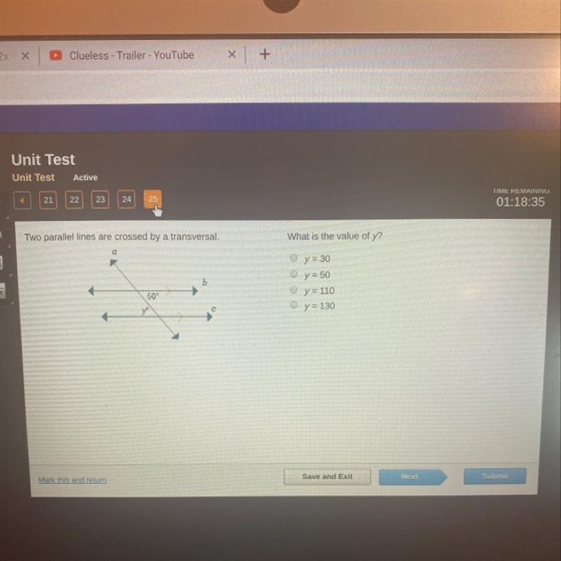 Two parallel lines are crossed by a transversal.what is the value of y?-example-1