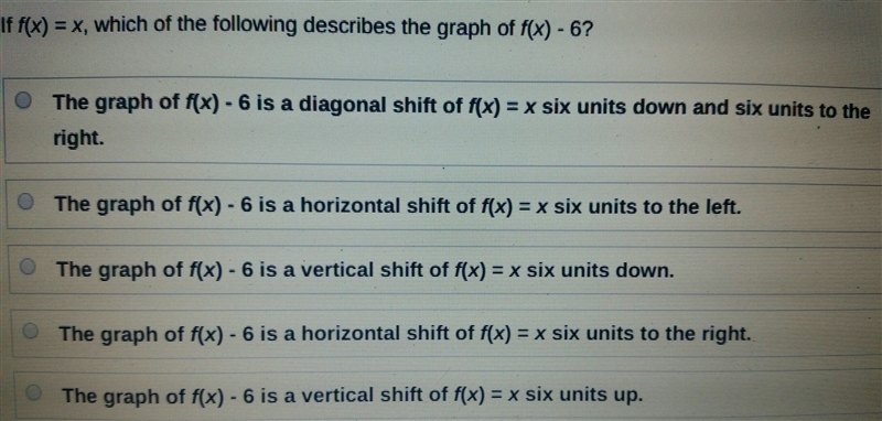 If f(x)=x, which of the following describes the graph of f(x)-6-example-1