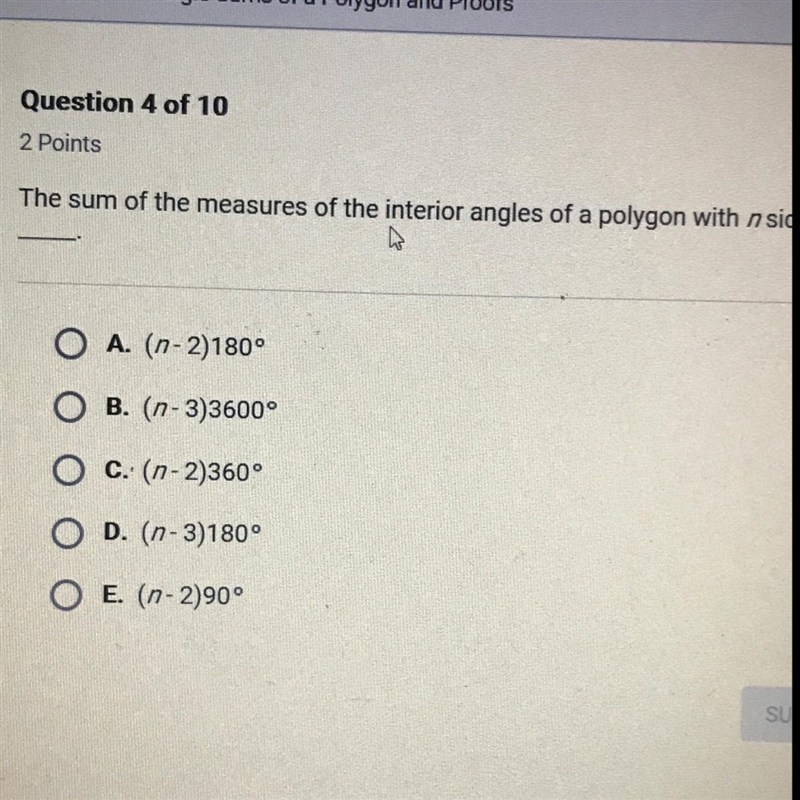 The sum of the measures of the interior angies of a polygon with n sides is___.-example-1